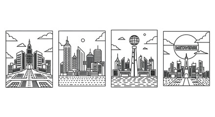 Obraz premium Four hand drawn cityscape panels showcasing modern architecture and urban skylines vector