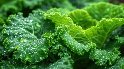 Freshly harvested kale and cabbage leaves glistening with morning dew in a lush garden setting at dawn - Powered by Adobe