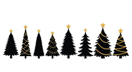 Elegant collection of black silhouette Christmas trees with golden stars, perfect for festive holiday designs