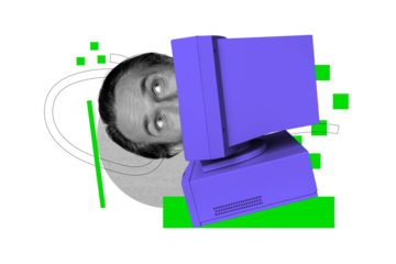 Composite trend artwork sketch image photo collage of obsolete computer monitor hacker aged man head appear eyes watch security server