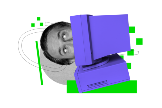 Composite trend artwork sketch image photo collage of obsolete computer monitor hacker aged man head appear eyes watch security server - Powered by Adobe