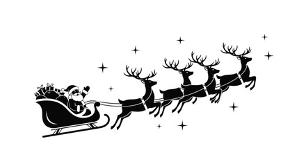 A festive silhouette of Santa Claus in a sleigh being pulled by a team of flying reindeer for Christmas