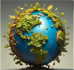Fototapeta premium Globe made of leaves with a fuel nozzle wrapped around it, symbolizing the global shift to renewable fuels