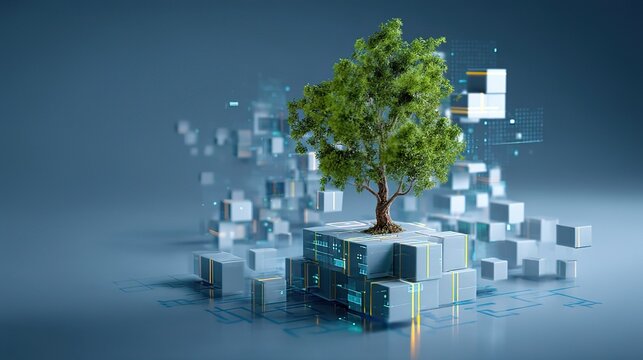 Digital Tree Growing From Cubes Symbolizing AI In Sustainable Technology And Green Energy
