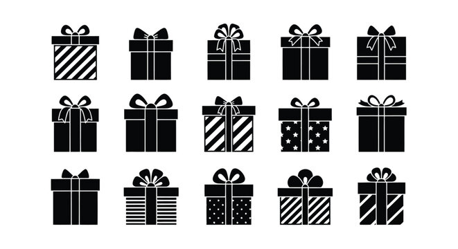 Monochromatic set of silhouette gift boxes, elegantly wrapped with distinct patterns and bows, representing presents for holidays, birthdays, and surprise moments in a versatile graphic collection