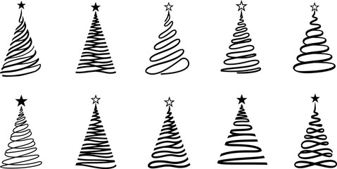 Collection of minimalist Christmas tree illustrations, showcasing abstract and stylized designs crafted with simple, elegant lines, ideal for modern holiday and festive graphic projects