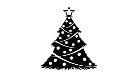Stylized Black and White Illustration of a Festive Christmas Tree Adorned with Decorations and a Shining Star, Symbolizing Winter Holidays and Celebration