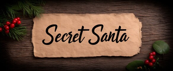 The secret santa text on wood sparks warm joyful holiday celebration feelings.