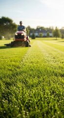 Man driving a riding lawn mower cutting green grass in a field, creating stripes and spreading water droplets. Lawn care service.