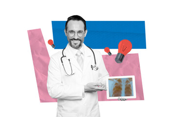 Creative collage  picture senior man doctor xray scan picture skeleton chest lungs disease medical consultation diagnosis