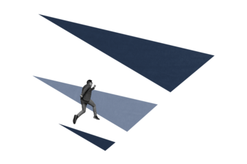 Composite art 3d creative image collage of serious businessman fly run triangle shape figure development work success promotion