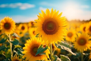 Obraz premium Bright yellow sunflowers blooming in cultivated field under summer sky
