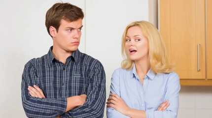 Kitchen quarrel. A husband and wife arguing, scolding and gesticulating