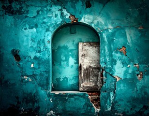 Aged turquoise wall with an arched alcove, exposed wooden shutter