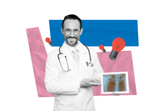 Creative collage  picture senior man doctor xray scan picture skeleton chest lungs disease medical consultation diagnosis