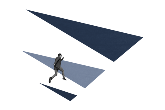 Composite art 3d creative image collage of serious businessman fly run triangle shape figure development work success promotion