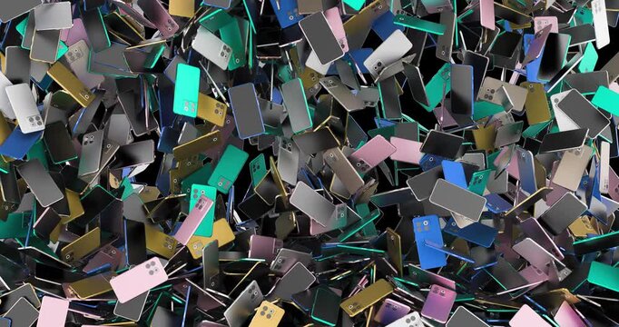 Smartphones falling down and filling the screen with alpha channel, 3D animation