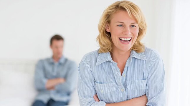 A middle-aged Scandinavian blonde woman is standing in front of her husband, she suspects him in cheating. Tantrum laughter