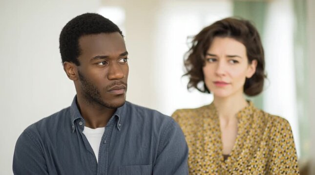 A conflict in interracial couple. A wife suspects her husband in cheating. Family affairs. Adultery. African American husband and White wife. Black man, Caucasian woman. Quarrel, scold