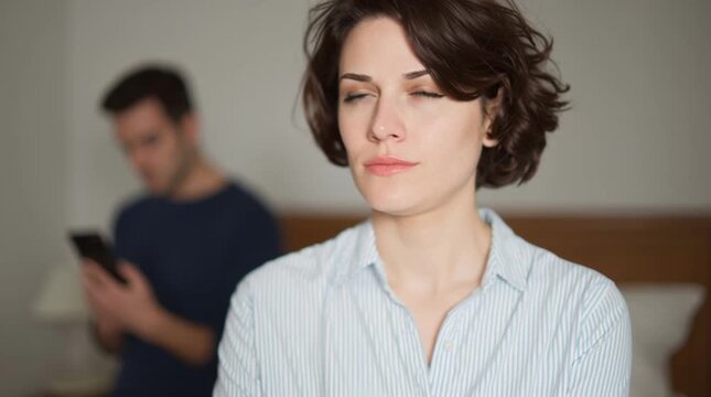 A husband suspects his wife in cheating. Family affairs. Conflict. Adultery. A woman in her late thirties doubts in her partner's faithfulness while he checks her phone