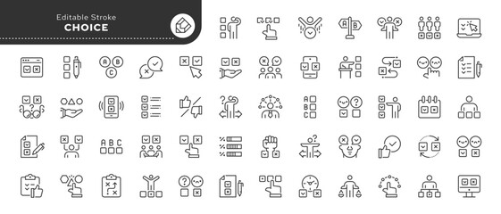 Choice line icon set. Pick, selection, option, checkmark, cross, decision, choose, survey, vote, election, opinion and more. Outline icon in linear style. Vector collection. © PaHa