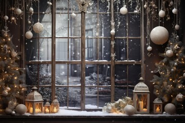 Festive scene with christmas trees, lanterns, and ornaments on a snow covered window sill, creating a warm holiday atmosphere
