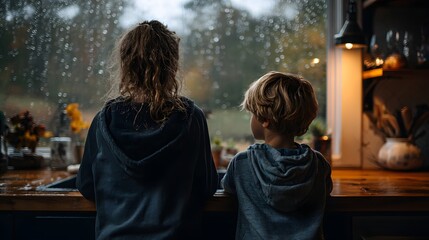 Fototapeta premium Kinder schauen an verregnetem Tag gemeinsam aus dem Fenster 