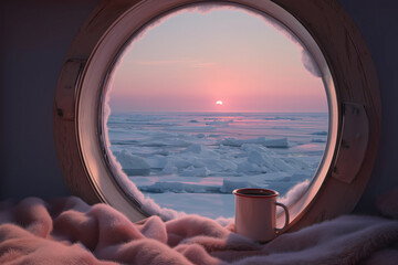 Arctic Expedition Cabin At Dawn With Frost-Edged Porthole To Sea Ice, Pink Sun Pillar, Enamel Mug On Sill, Polar Travel, Remote Adventure