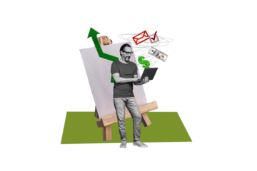 Composite photo collage of happy businessman freelancer type laptop sms dollar income approval checkmark isolated on painted background