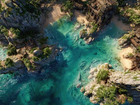 Aerial view of a tropical cove with remnants of a structure - Powered by Adobe