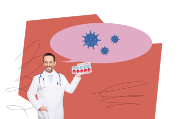 Creative image picture smiling doctor recommend pills dose antibiotics cure treatment bacteria virus corona pandemic sickness prescription