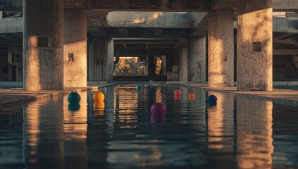 Sun-drenched pool in abandoned concrete structure
