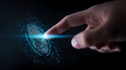 A hand touching a glowing fingerprint on a digital screen, signifying security and technology