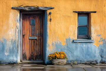 Sea-Washed Fisherman&rsquo;s House With Ochre Stucco And Weathered Chestnut Door, Calendula Planter, Wet Pavement Reflections, Coastal Village Facade