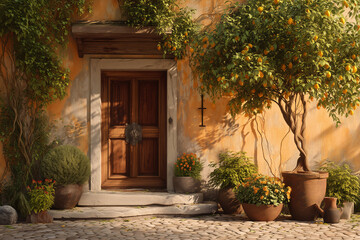 Tuscan Courtyard Entrance With Brass Knocker, Espaliered Lemon And Marigolds, Honey Plaster, Late Sun On Cobbles, Rustic Italy, Garden Doorway