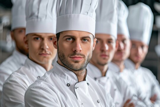 Group of young male chefs posing in kitchen