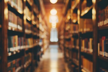 Fototapeta premium Blurred view of a library aisle with books