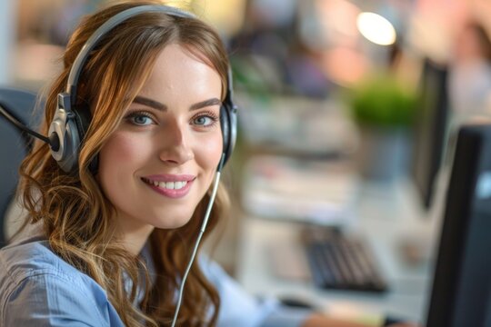 Young woman working at a call center with a headset