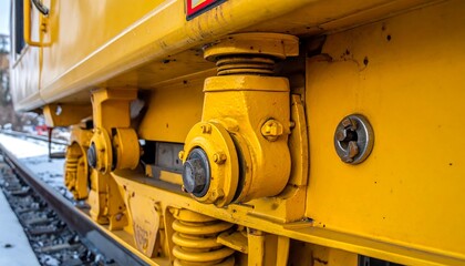 Fototapeta premium Close up of a yellow train wheel assembly on a railway track.