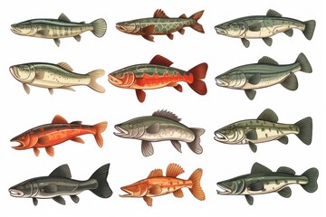 Freshwater fish collection swimming underwater, featuring various species in detailed illustration