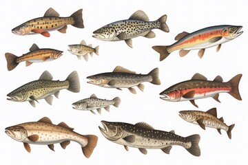 Realistic illustration of twelve brown trout fish of various sizes swimming underwater in a freshwater lake