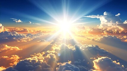 Radiant sun shining brightly through fluffy clouds in blue sky - Powered by Adobe