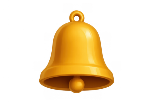 Golden 3d bell symbolizing notifications, alerts, and reminders with a shiny surface. Background is clear