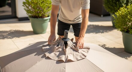 Caucasian man hands folding up patio umbrella. Backyard maintenance and home improvement concept for outdoor living.