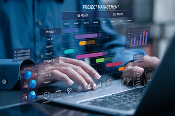 Businessman use laptop with project management software, planning for software development, resources and budget planning, project schedule diagram, for work deadline.