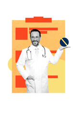 Sketch composite 3D photo collage trend artwork of aged man doctor medic stand hand hold pharmacy...