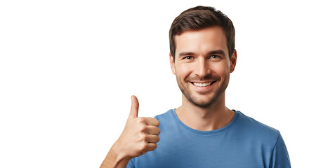 Naklejka premium A portrait of a happy man with a welcoming smile and a thumbs-up gesture against a neutral background, positive vibes.