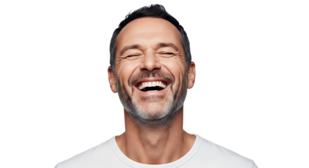 A candid shot of a joyful middle-aged man laughing heartily with closed eyes and a full, healthy smile. 