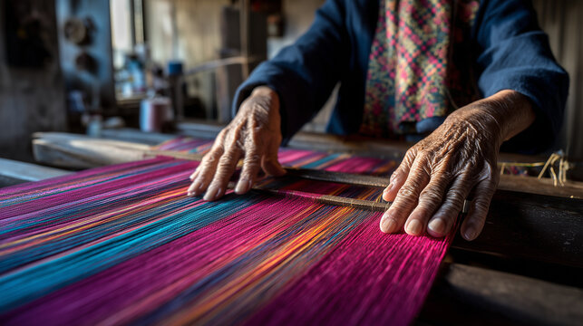 Elderly artisan hands weaving vibrant, colorful silk threads on a traditional loom during the Silk & Phuk Seow Festival, Thailand. A display of heritage and craftsmanship