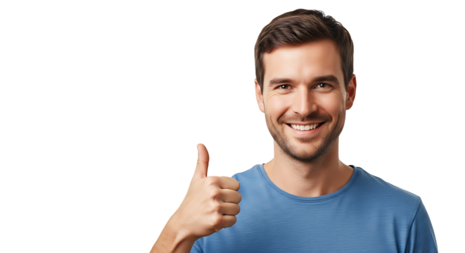 A portrait of a happy man with a welcoming smile and a thumbs-up gesture against a neutral background, positive vibes.